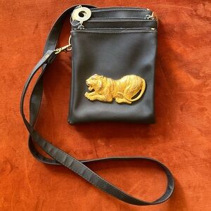 Vintage 90s Nima Black Crossbody Bag with Gold Tiger Accent